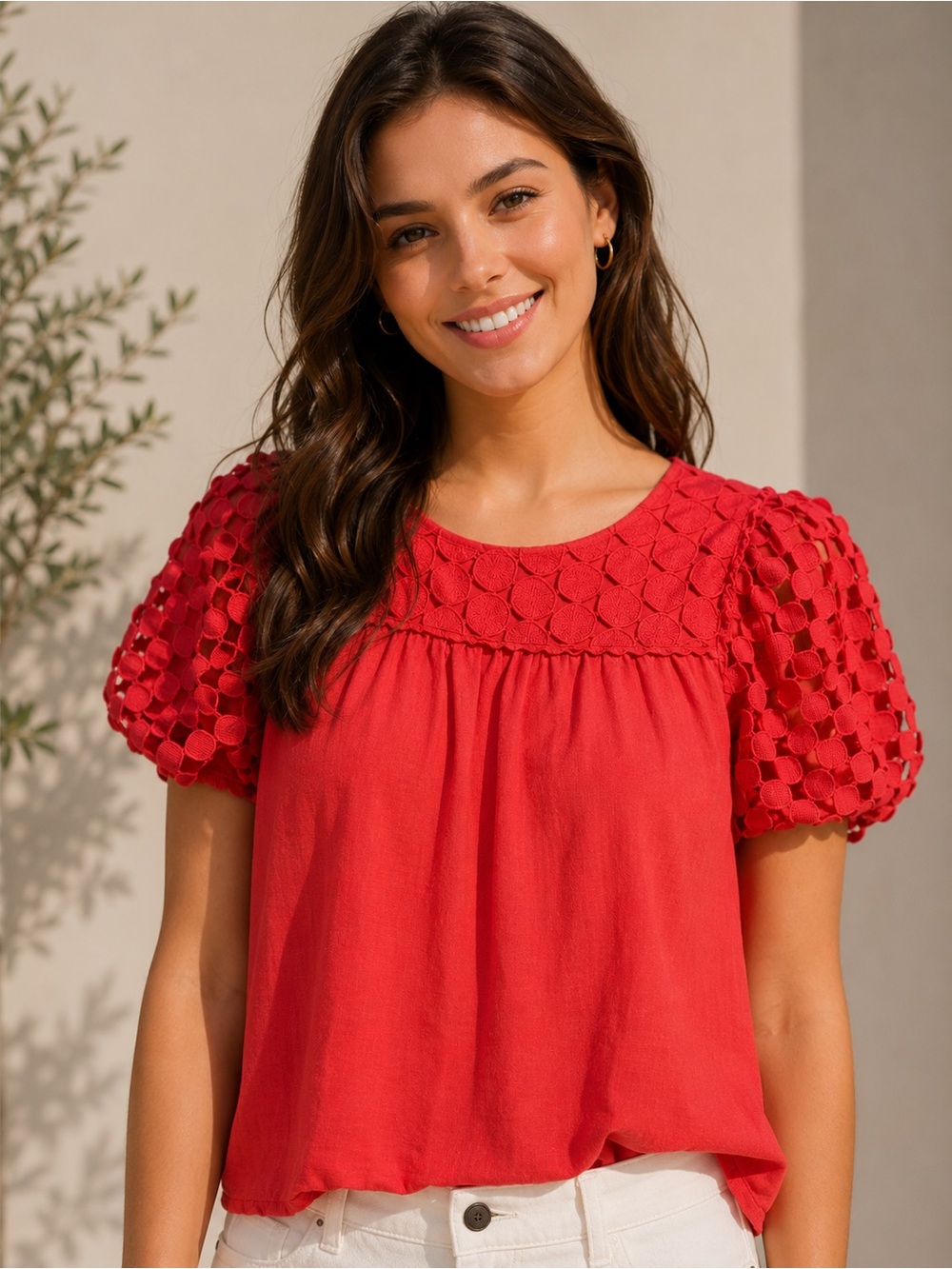Umgee Linen Blend Red Crochet Yoke Puff-Sleeve Top